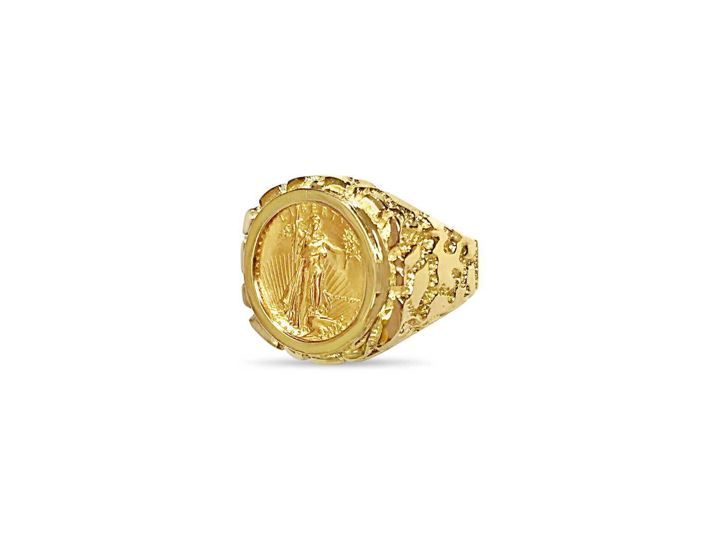 Handmade Solid Gold Nugget Coin Ring , 1/10oz Coin ,