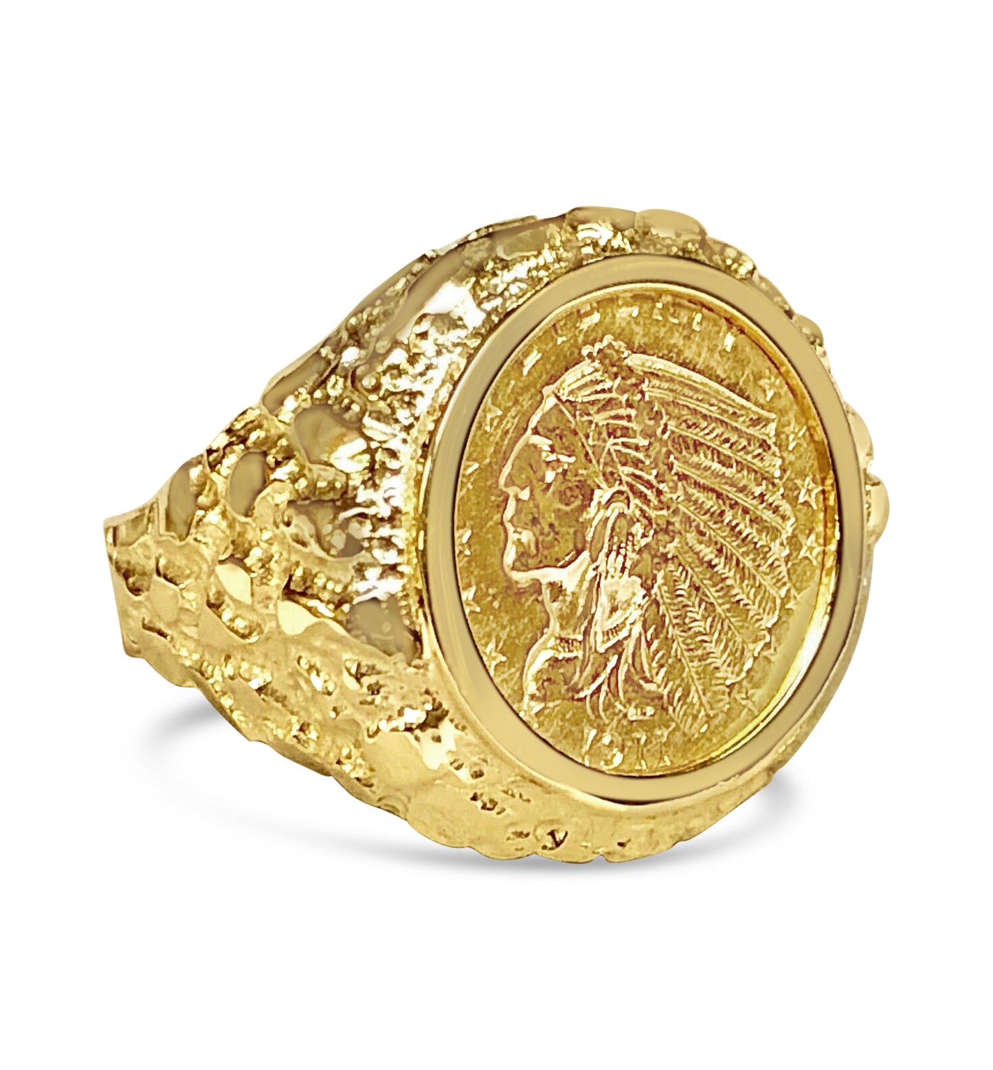 Handmade Solid Gold Nugget Coin Ring , Indian Head Coin ,