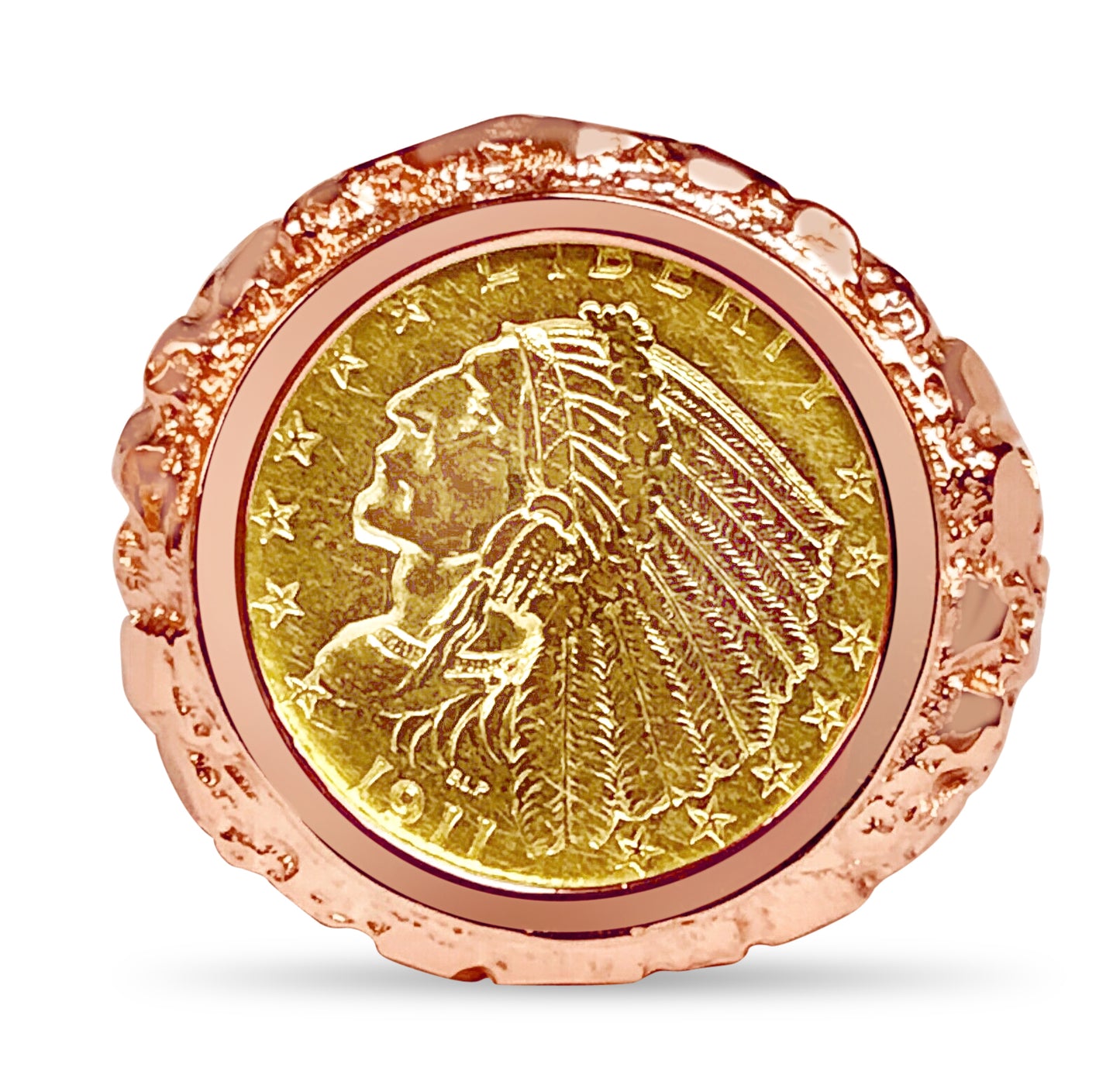 Handmade Solid Gold Nugget Coin Ring , Indian Head Coin ,