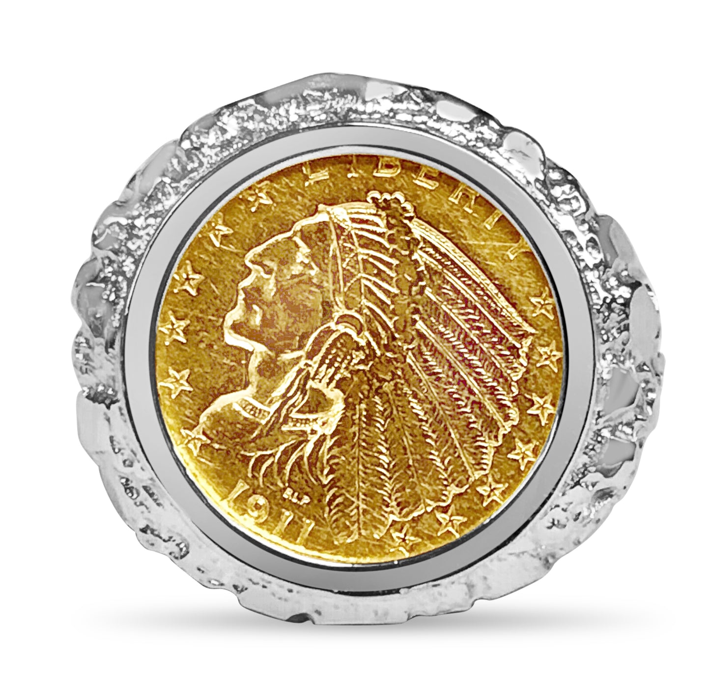 Handmade Solid Gold Nugget Coin Ring , Indian Head Coin ,