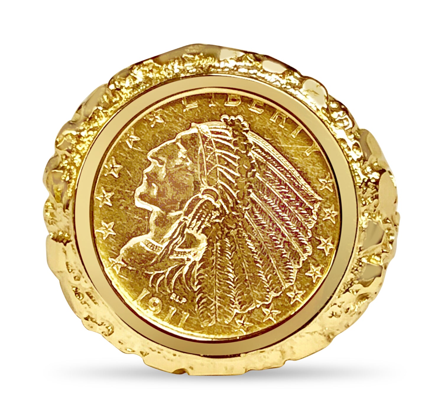 Handmade Solid Gold Nugget Coin Ring , Indian Head Coin ,