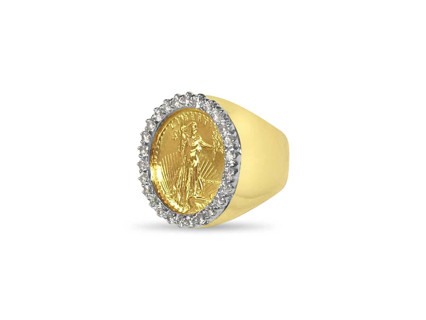 Handmade Solid Gold Diamond Fancy Coin Ring , 1/4oz Coin ,
