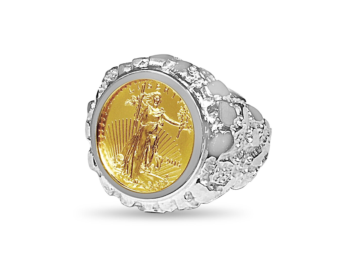 Handmade Solid Gold Nugget Coin Ring , 1/10oz Coin ,