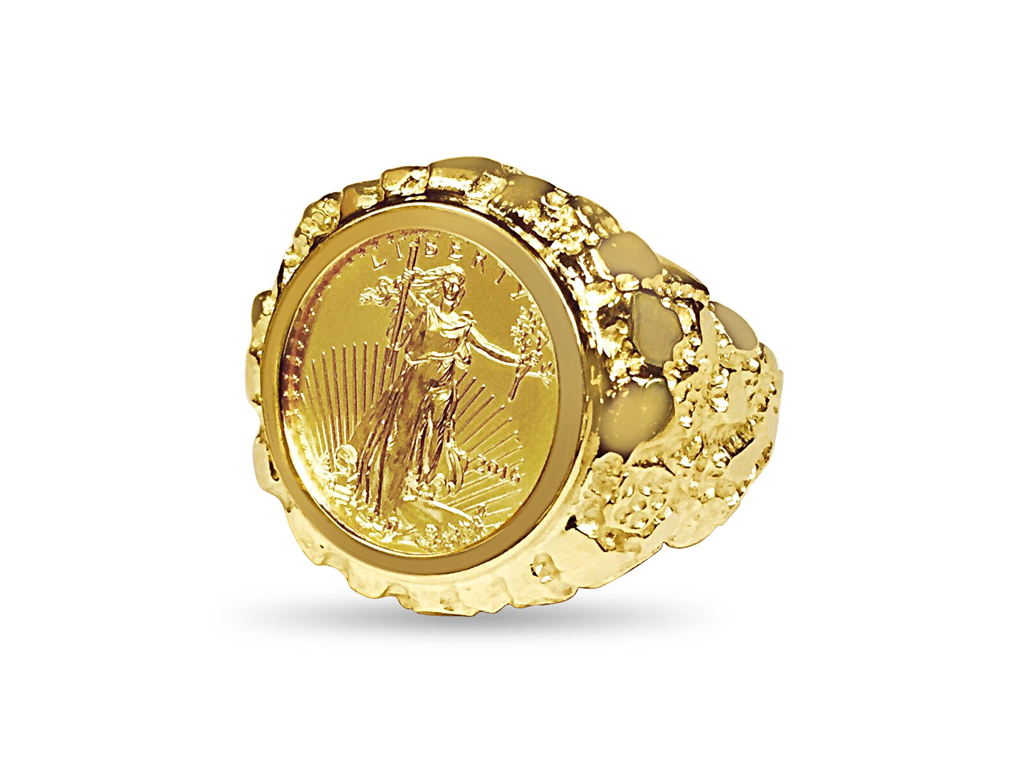 Handmade Solid Gold Nugget Coin Ring , 1/10oz Coin ,