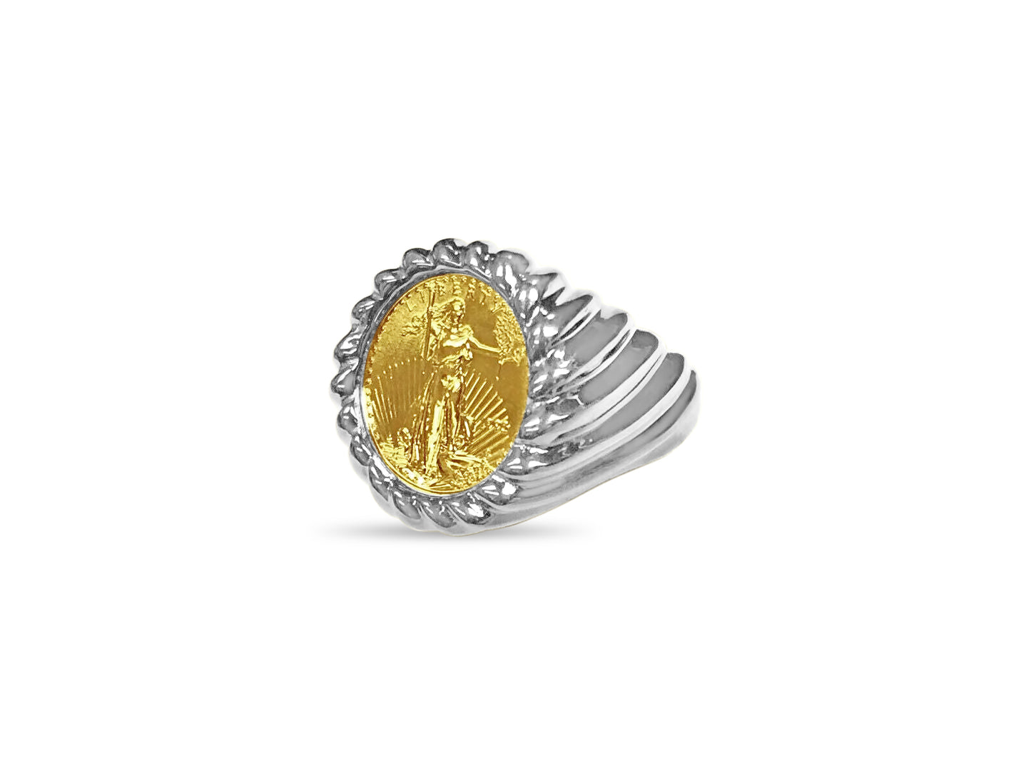 Handmade Solid Gold Fancy Coin Ring , 1/10oz Coin ,
