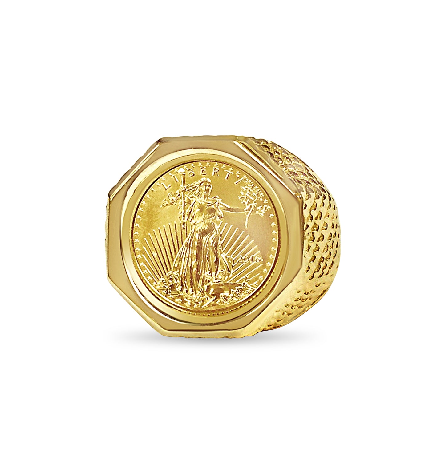 Handmade Solid Gold Fancy Coin Ring , 1/10oz Coin ,
