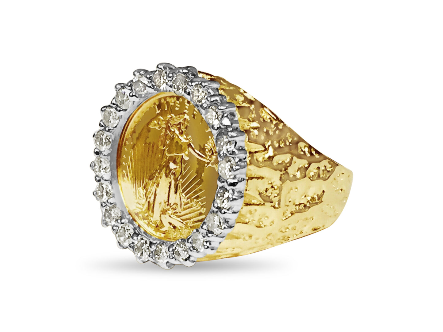 Handmade Solid Gold Diamond Nugget Coin Ring , 1/10oz Coin ,