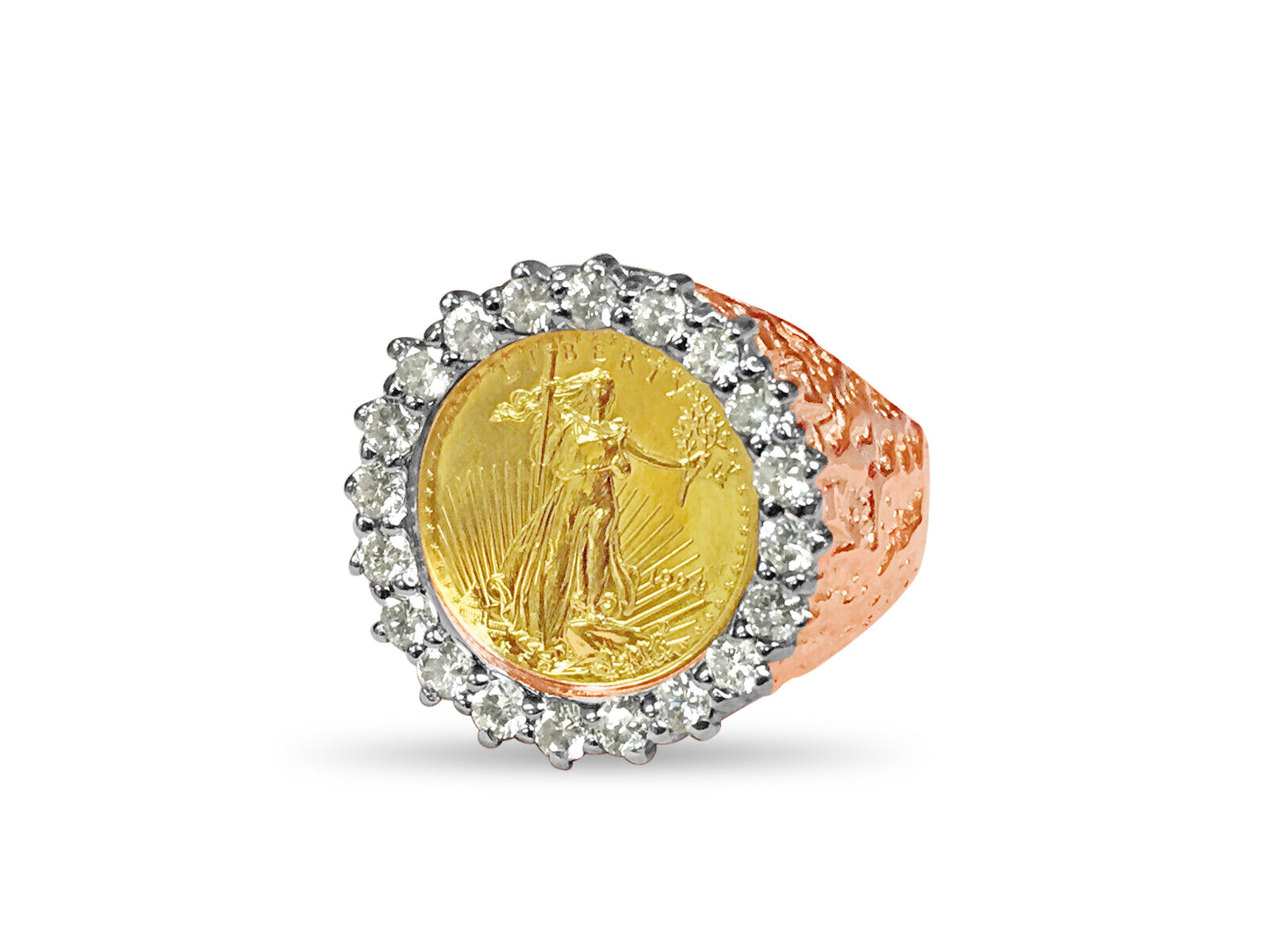 Handmade Solid Gold Diamond Nugget Coin Ring , 1/10oz Coin ,