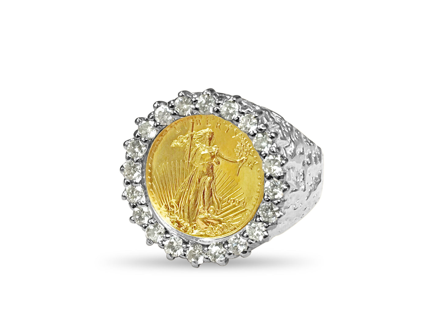 Handmade Solid Gold Diamond Nugget Coin Ring , 1/10oz Coin ,