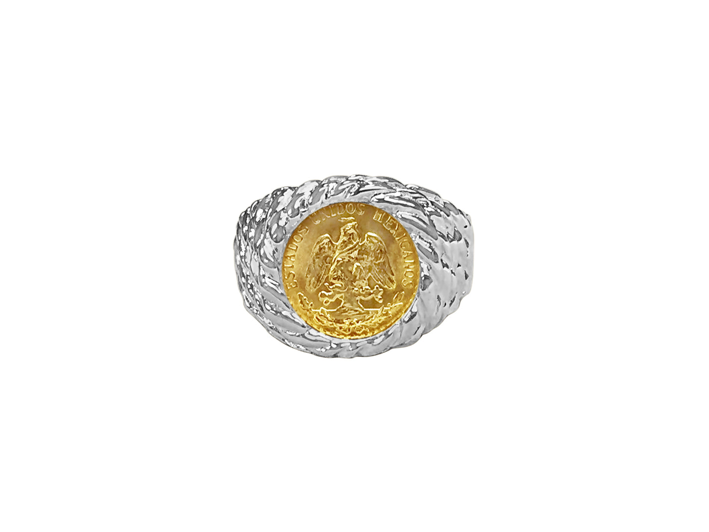 Handmade Solid Gold Nugget Coin Ring , Dos Pesos Coin ,