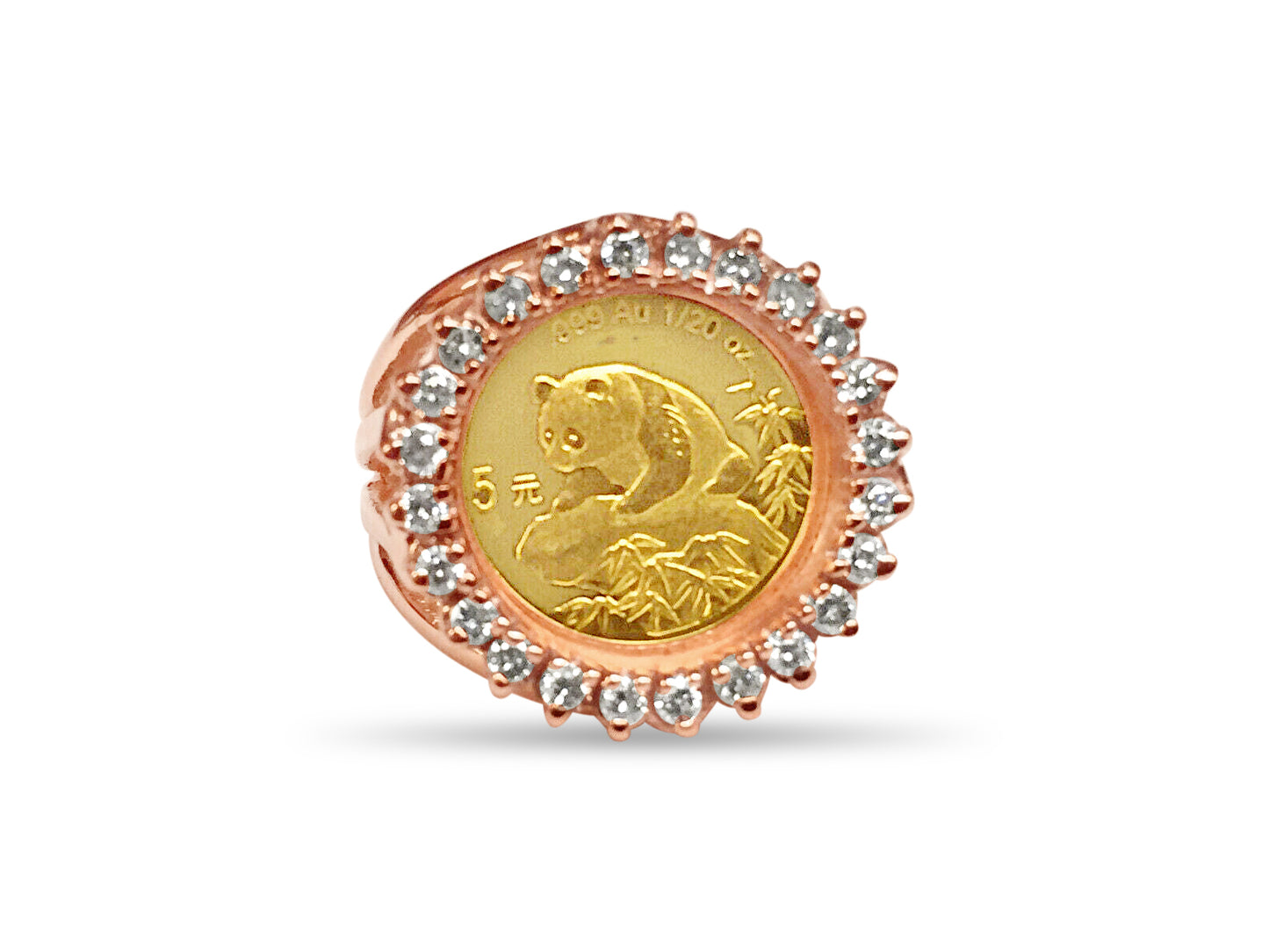 Handmade Solid Gold Diamond Fancy Ladies Coin Ring , Chinese Panda Bear Coin ,