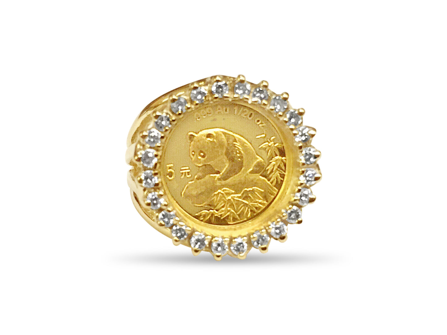 Handmade Solid Gold Diamond Fancy Ladies Coin Ring , Chinese Panda Bear Coin ,