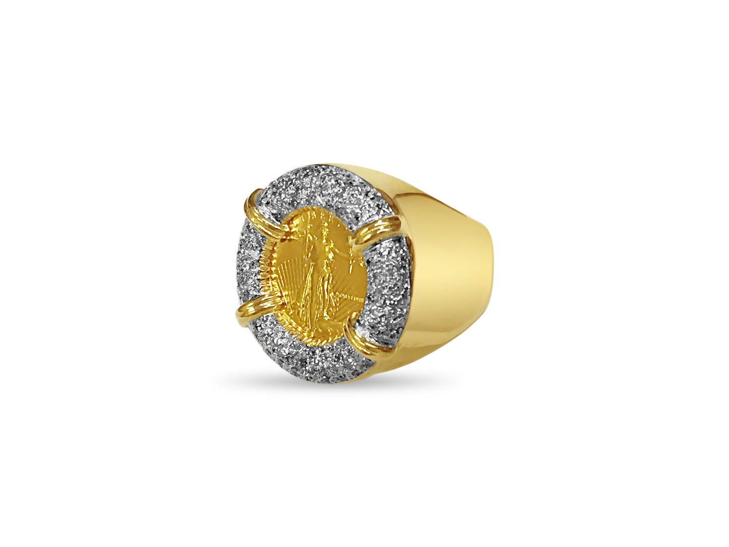 Handmade Solid Gold Diamond Fancy Coin Ring , 1/10oz Coin ,