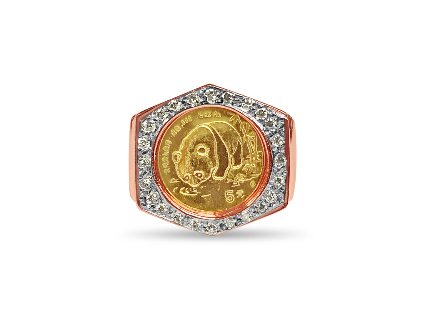 Handmade Solid Gold Diamond Fancy Coin Ring , Chinese Panda Bear Coin ,