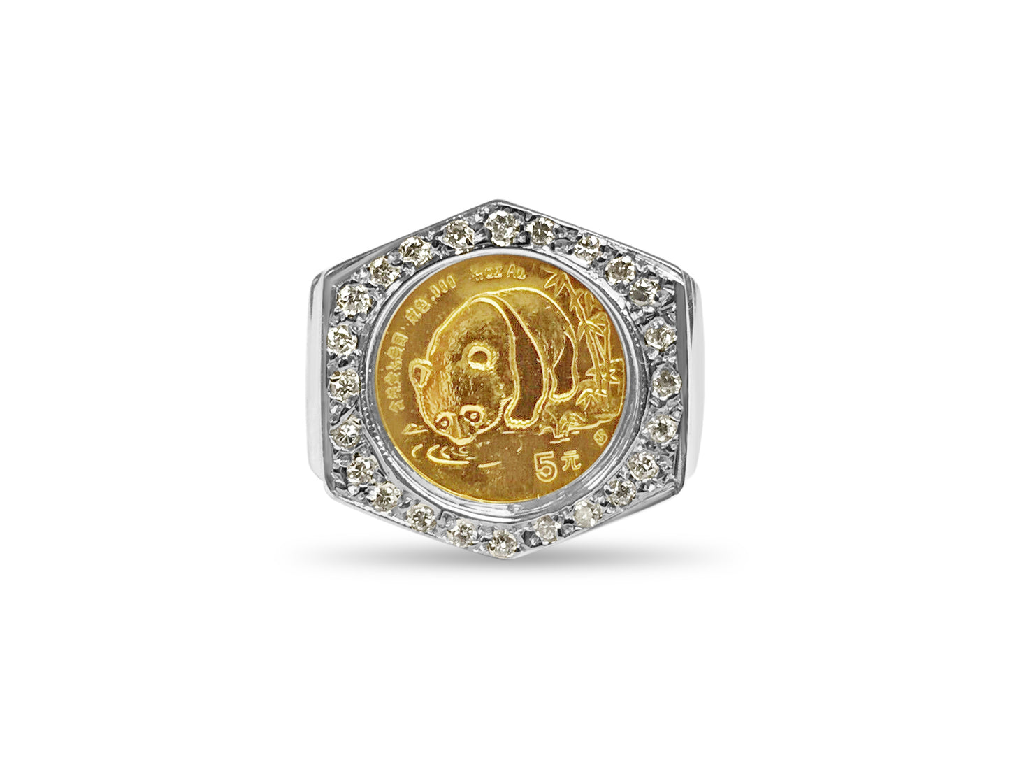 Handmade Solid Gold Diamond Fancy Coin Ring , Chinese Panda Bear Coin ,
