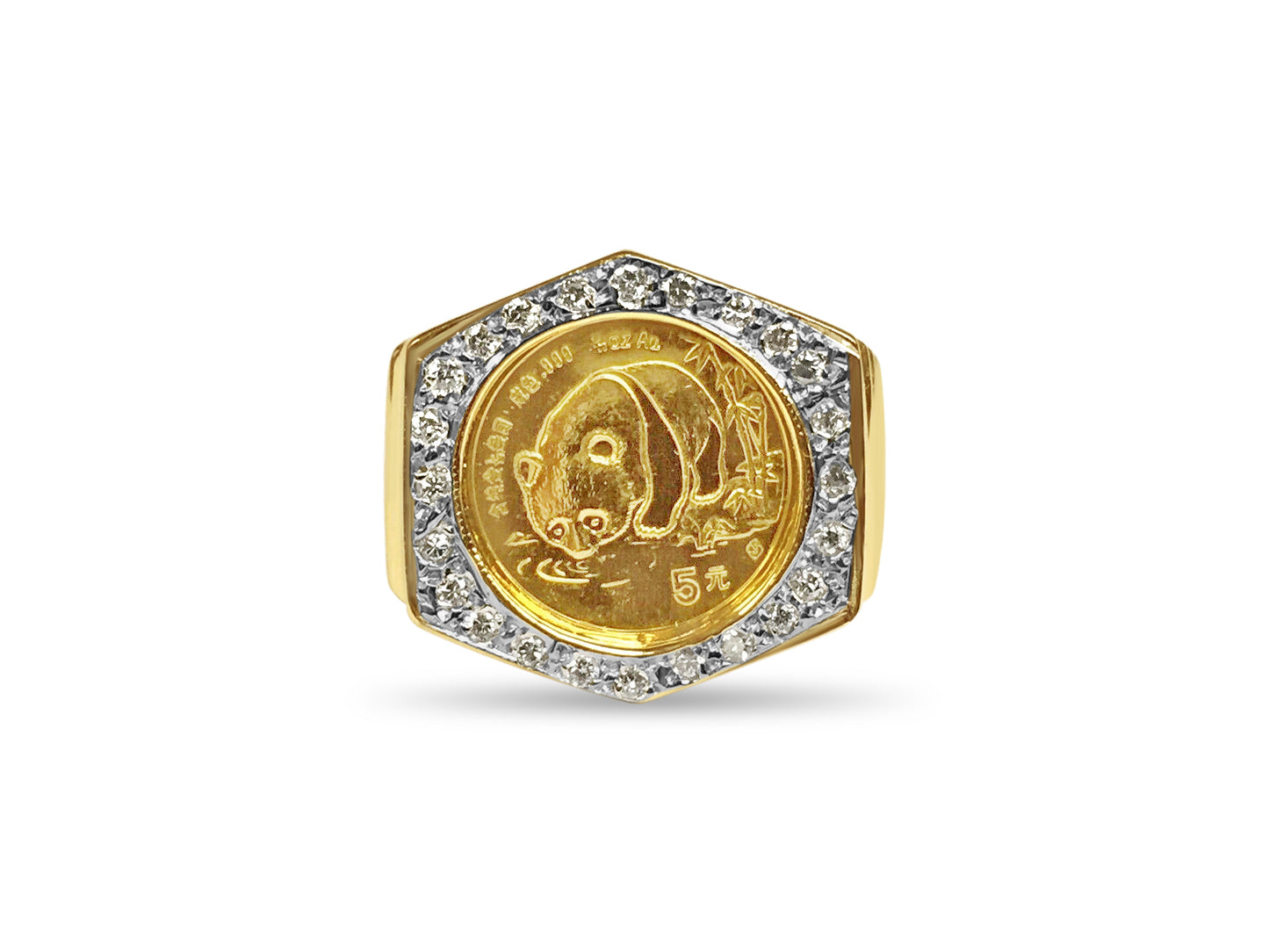Handmade Solid Gold Diamond Fancy Coin Ring , Chinese Panda Bear Coin ,