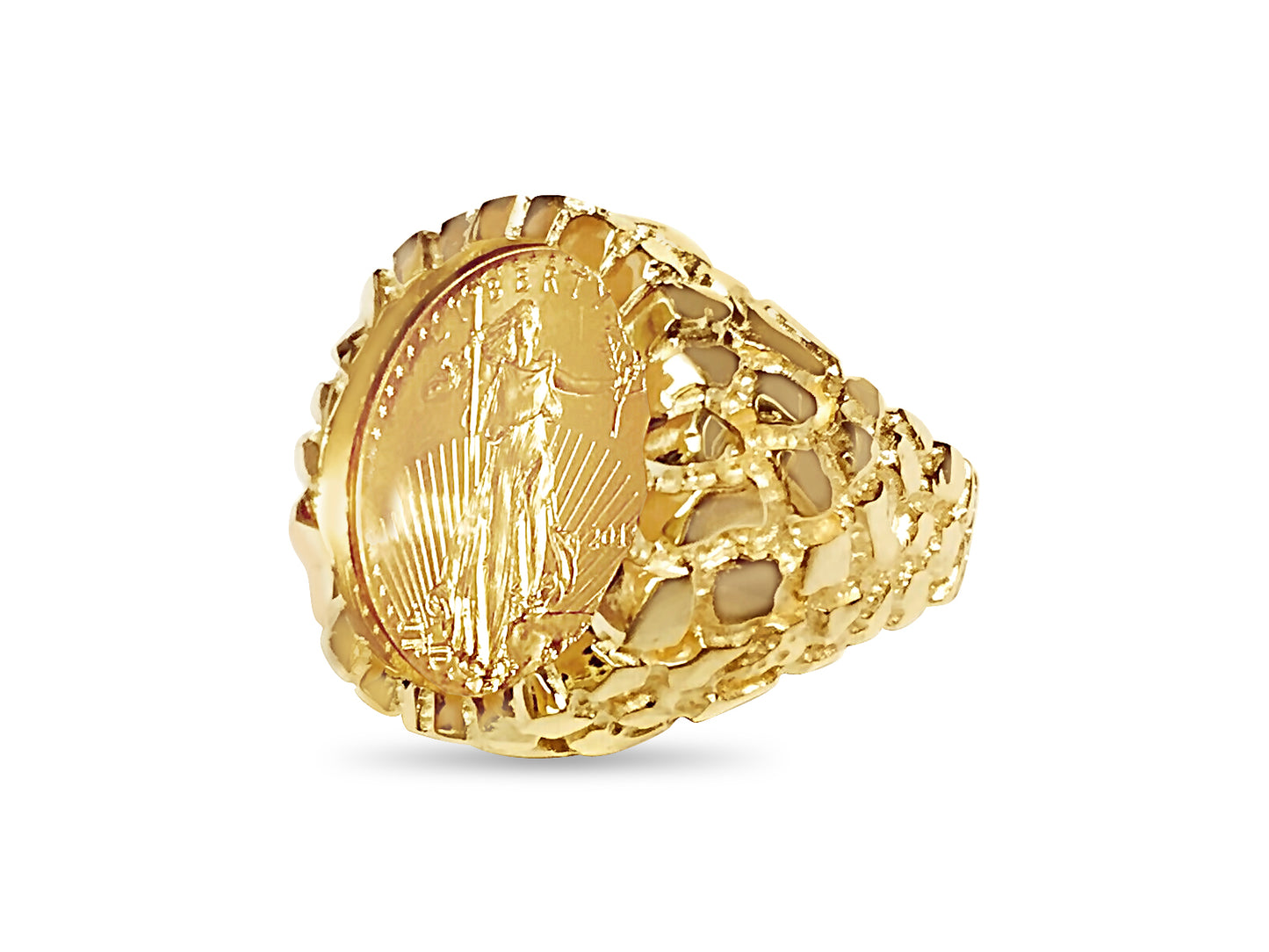 Handmade Solid Gold Nugget Coin Ring , 1/4oz Coin ,