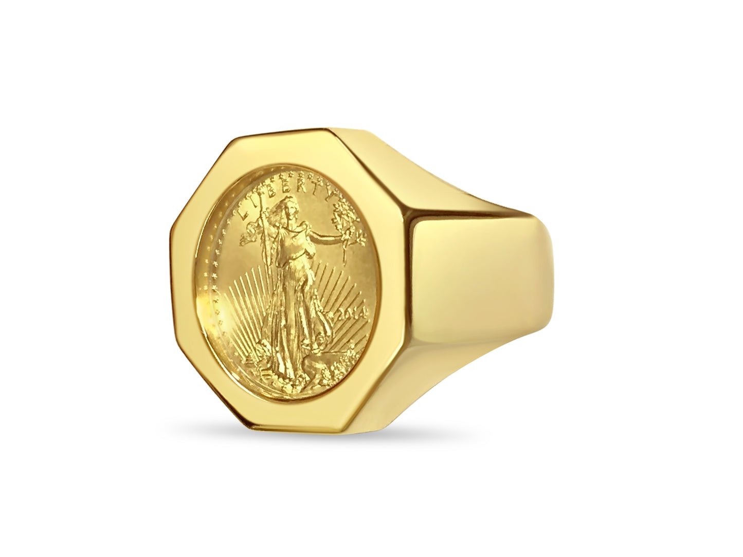 Handmade Solid Gold Fancy Coin Ring , 1/10oz Coin ,