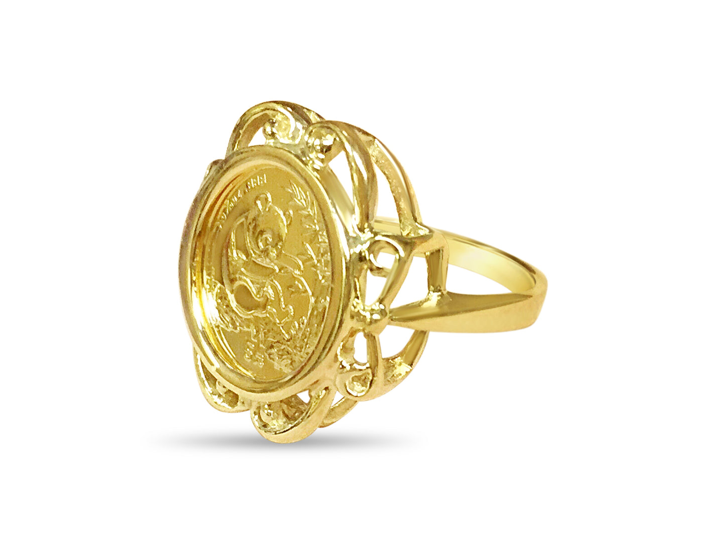 Handmade Solid Gold Fancy Ladies Coin Ring , Chinese Panda Bear Coin ,