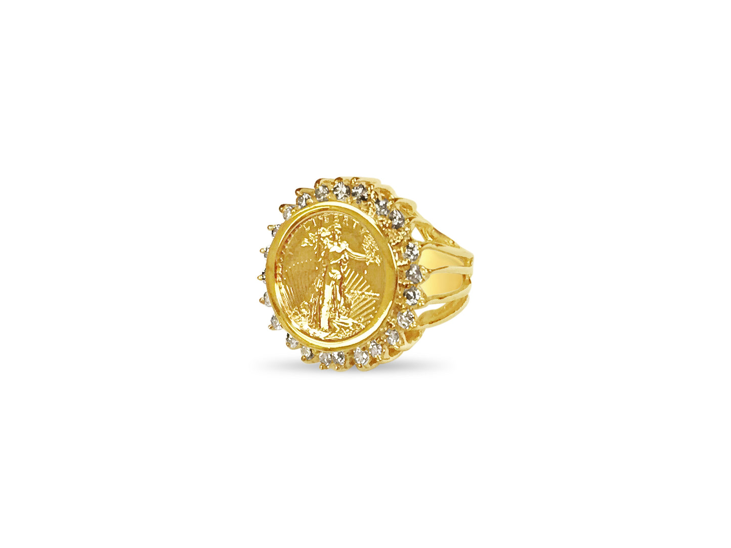 Handmade Solid Gold Diamond Fancy Coin Ring , 1/10oz Coin ,