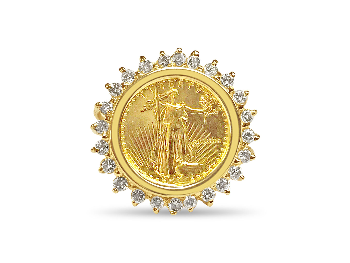 Handmade Solid Gold Diamond Fancy Coin Ring , 1/10oz Coin ,