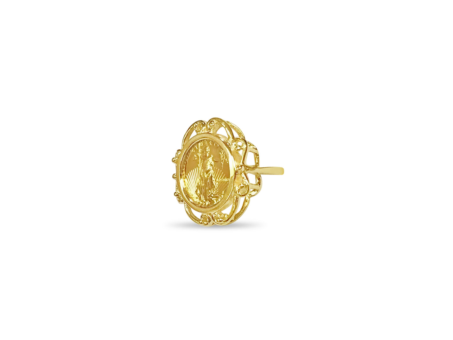 Handmade Solid Gold Fancy Ladies Coin Ring , 1/10oz Coin ,