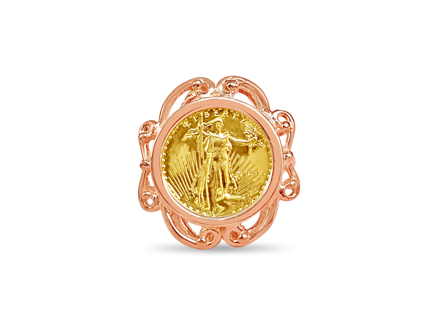 Handmade Solid Gold Fancy Ladies Coin Ring , 1/10oz Coin ,
