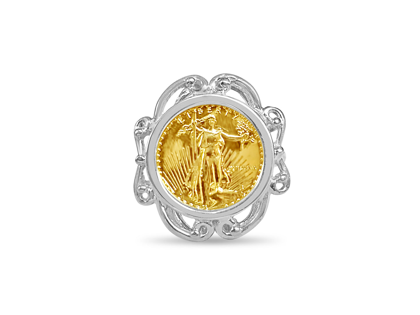 Handmade Solid Gold Fancy Ladies Coin Ring , 1/10oz Coin ,