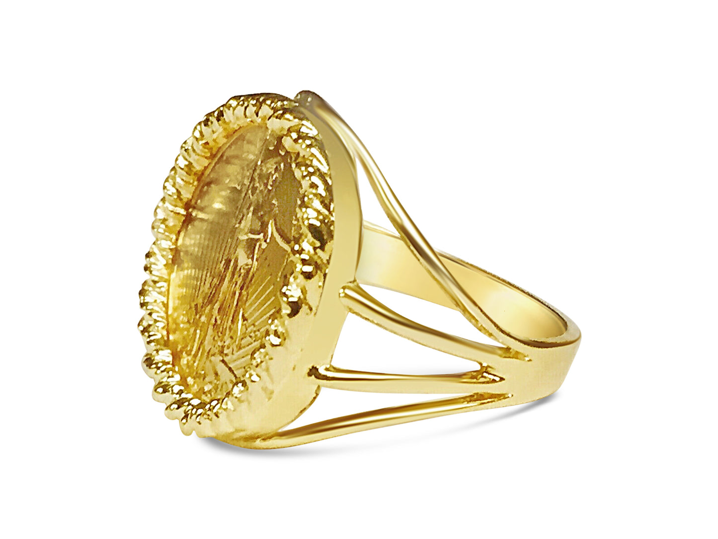 Handmade Solid Gold Fancy Ladies Coin Ring , 1/10oz Coin ,