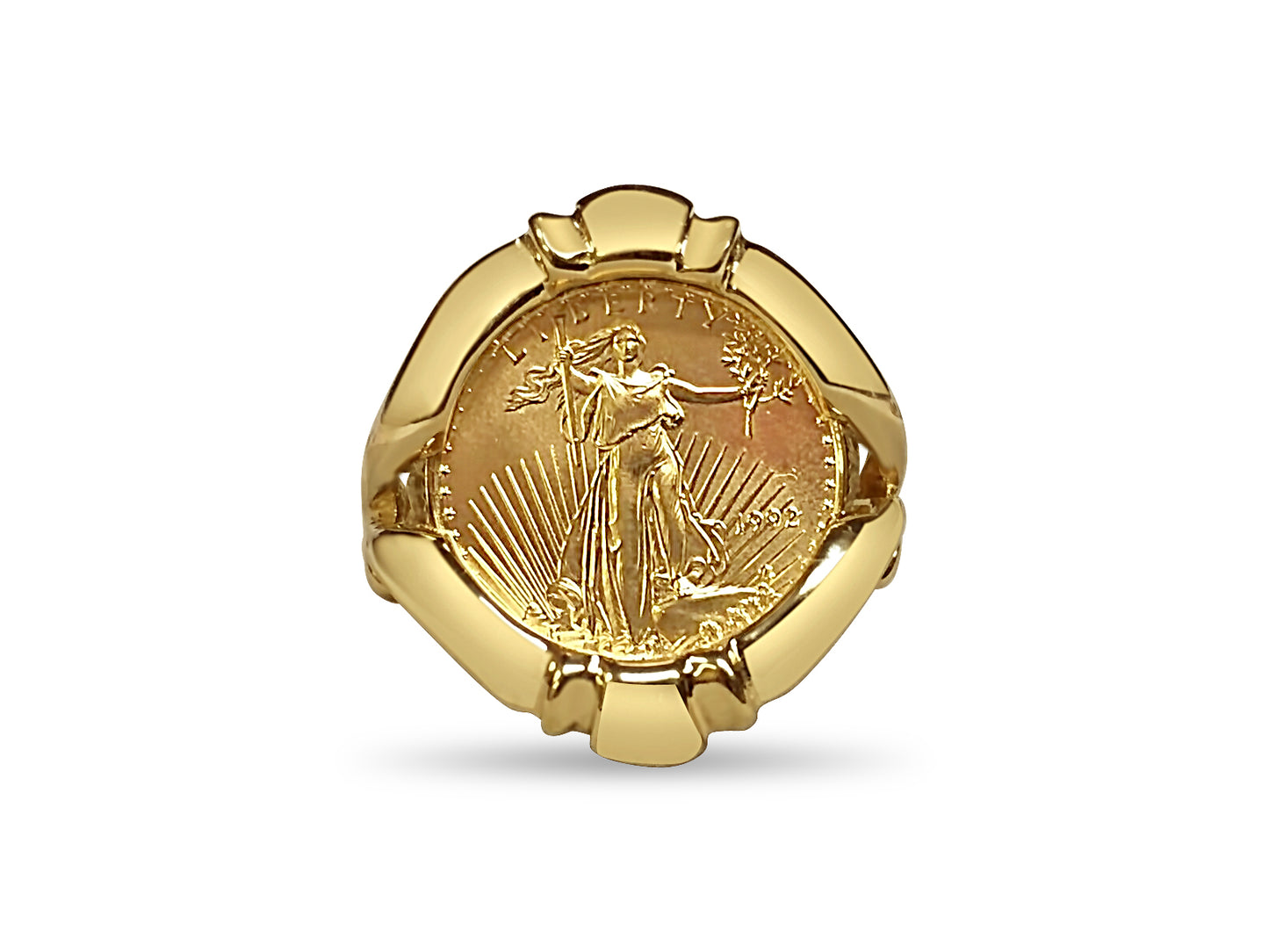 Handmade Solid Gold Fancy Coin Ring , 1/10oz Coin ,