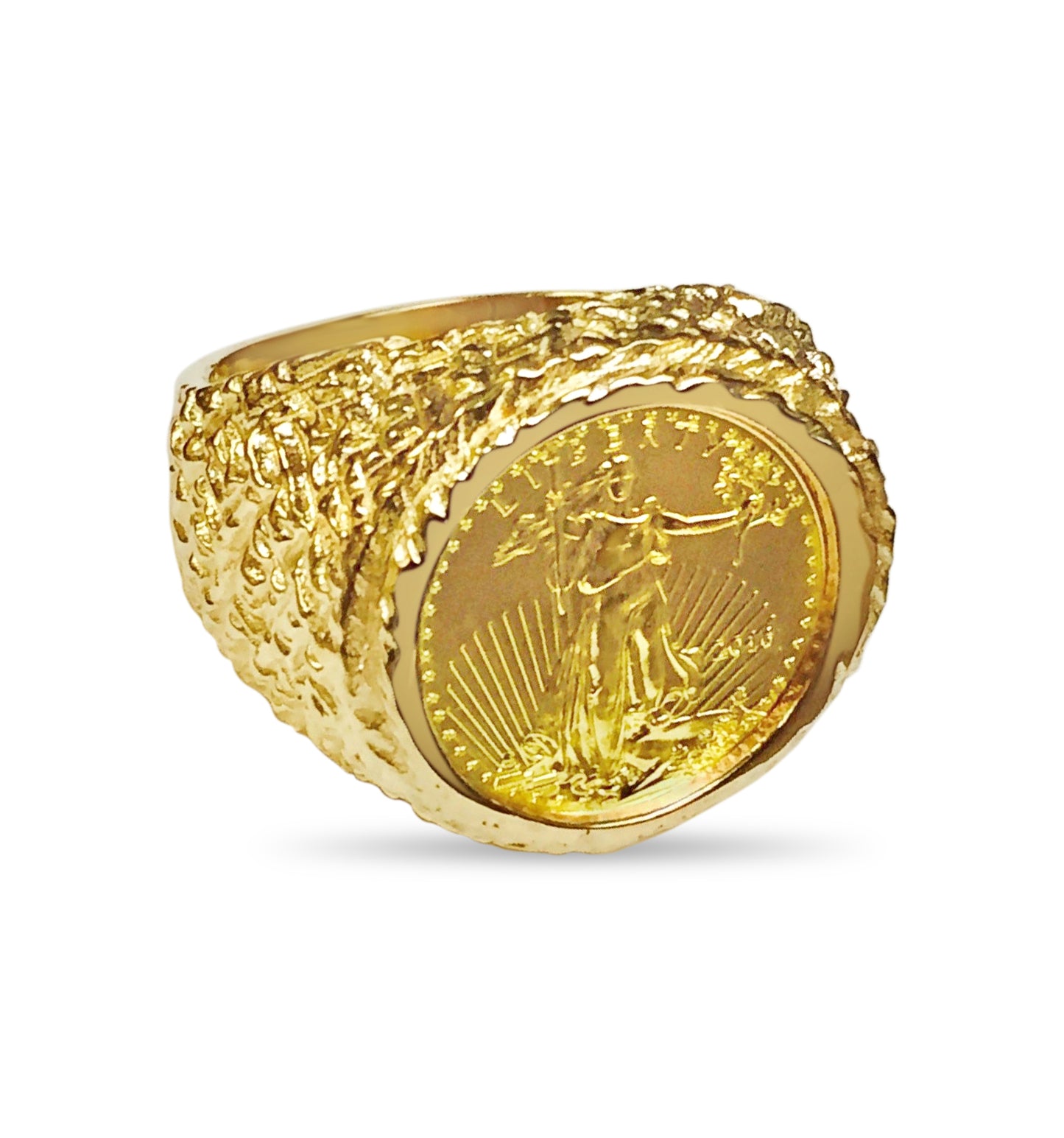 Handmade Solid Gold Nugget Coin Ring , 1/10oz Coin ,