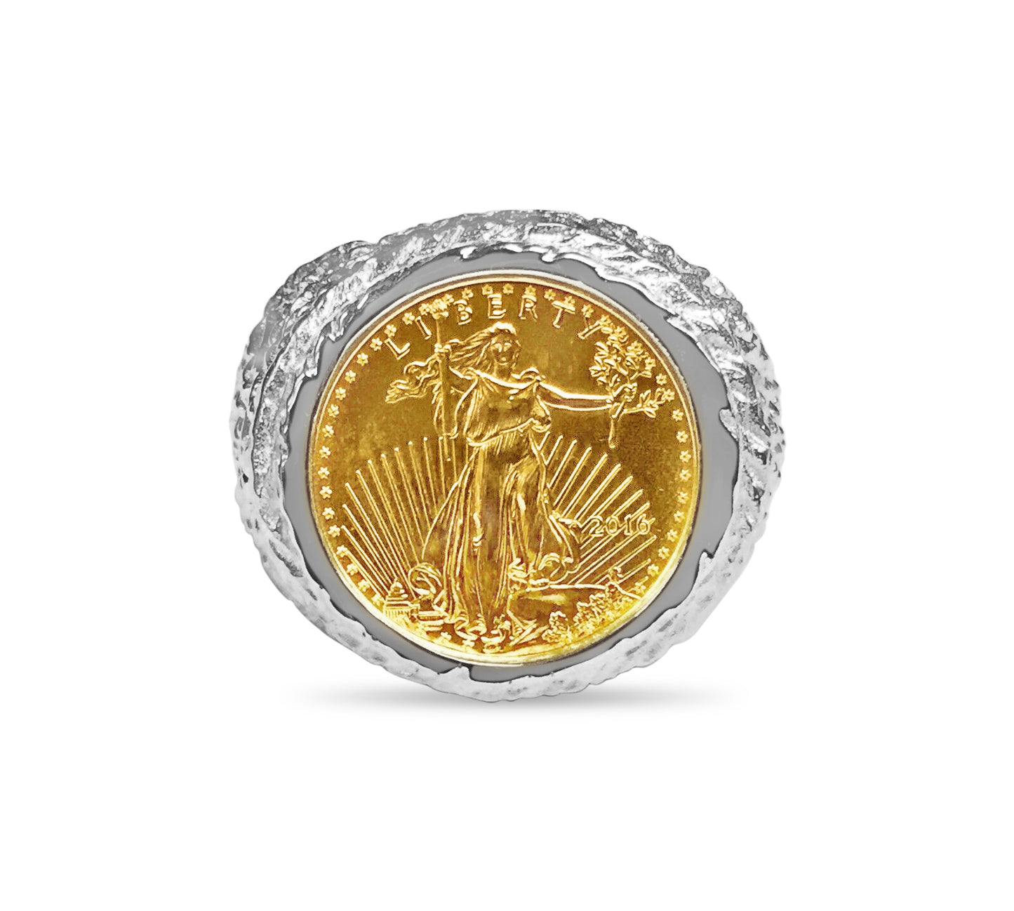 Handmade Solid Gold Nugget Coin Ring , 1/10oz Coin ,