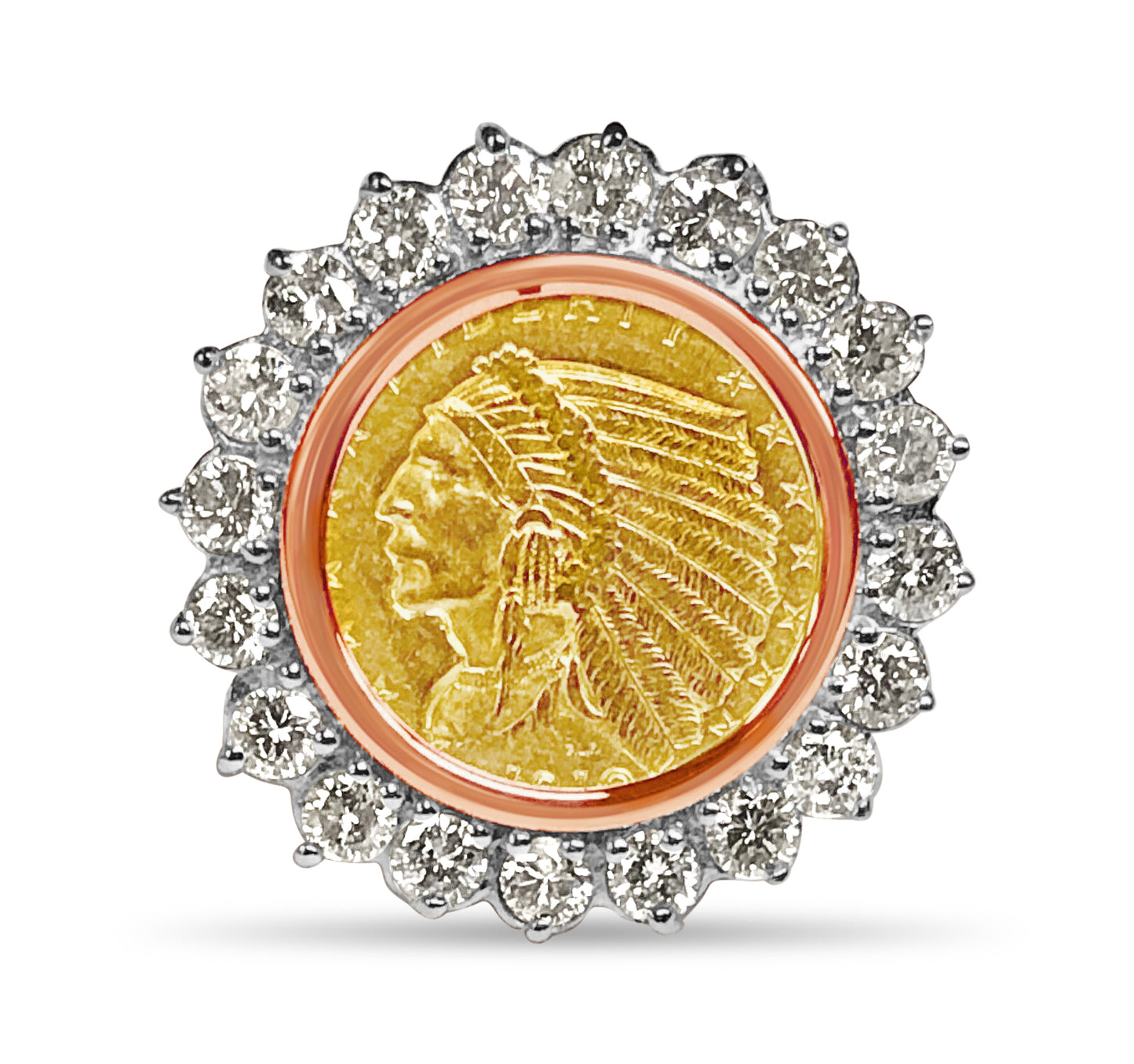 Handmade Solid Gold Diamond Fancy Coin Ring , Indian Head Coin ,