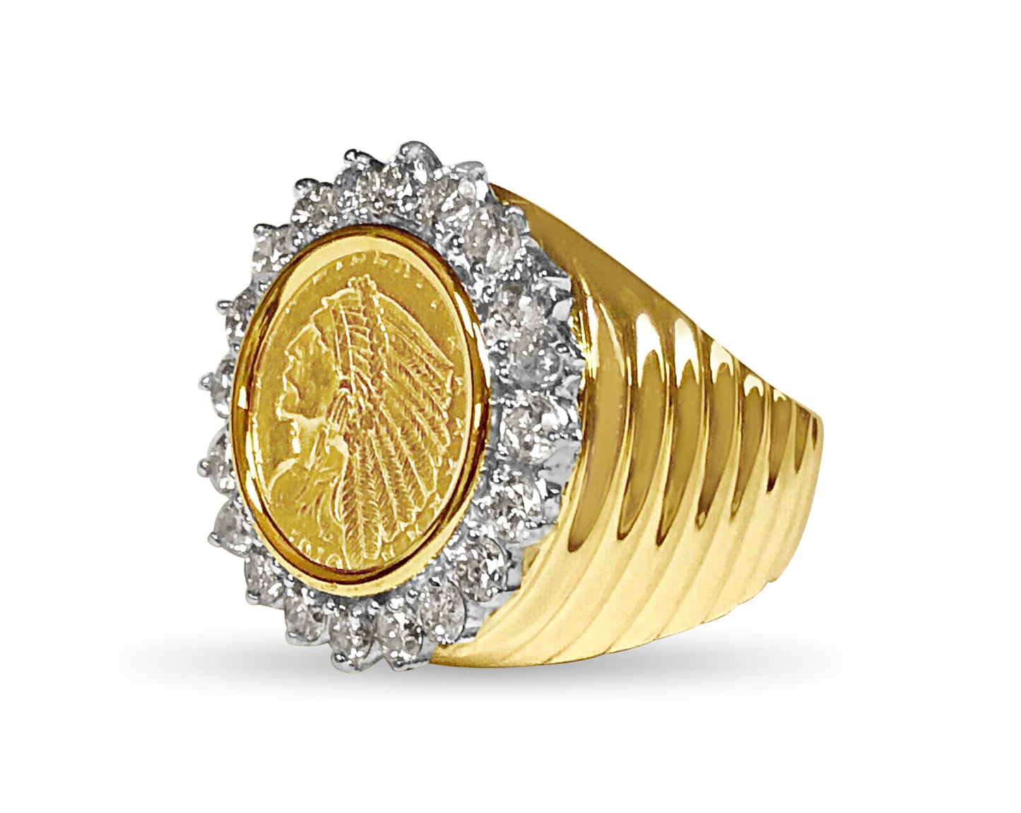 Handmade Solid Gold Diamond Fancy Coin Ring , Indian Head Coin ,
