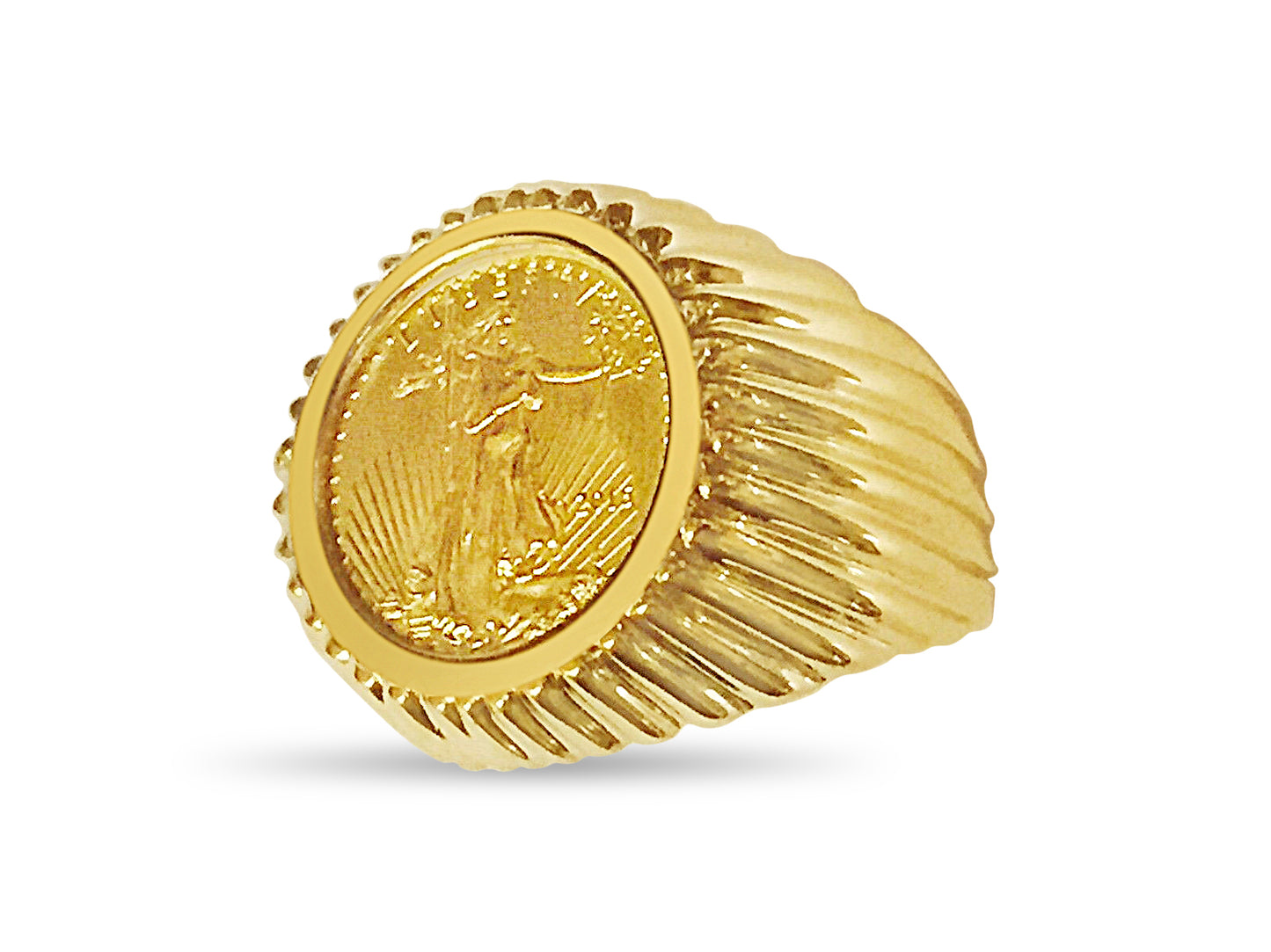 Handmade Solid Gold Fancy Coin Ring , 1/10oz Coin ,