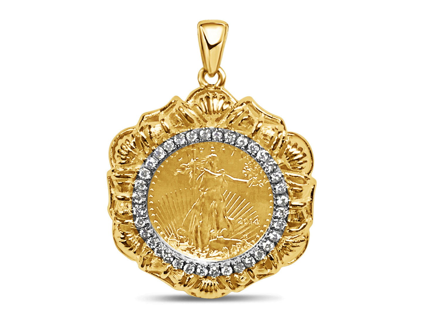 Handmade Solid Gold Diamond Fancy Coin Pendant , 1/4oz Coin ,
