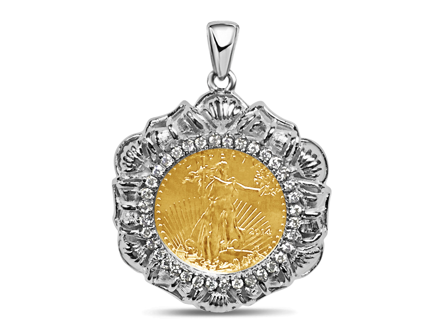 Handmade Solid Gold Diamond Fancy Coin Pendant , 1/4oz Coin ,