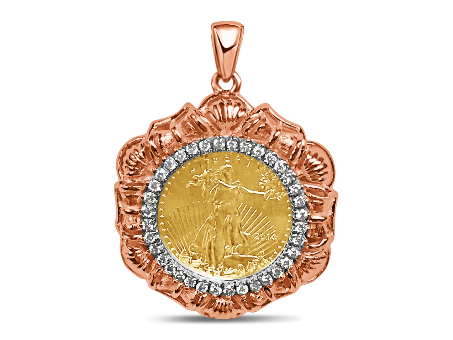 Handmade Solid Gold Diamond Fancy Coin Pendant , 1/4oz Coin ,