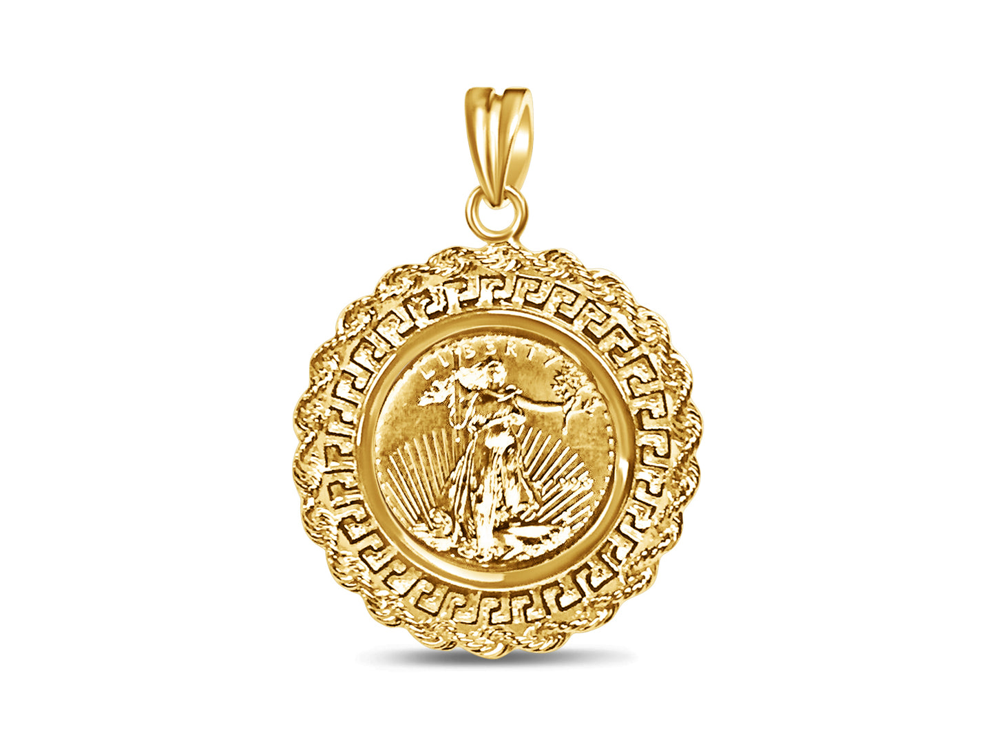 Handmade Solid Gold Greek Key Rope Frame Coin Pendant , 1/4oz Coin , 32.5x45mm
