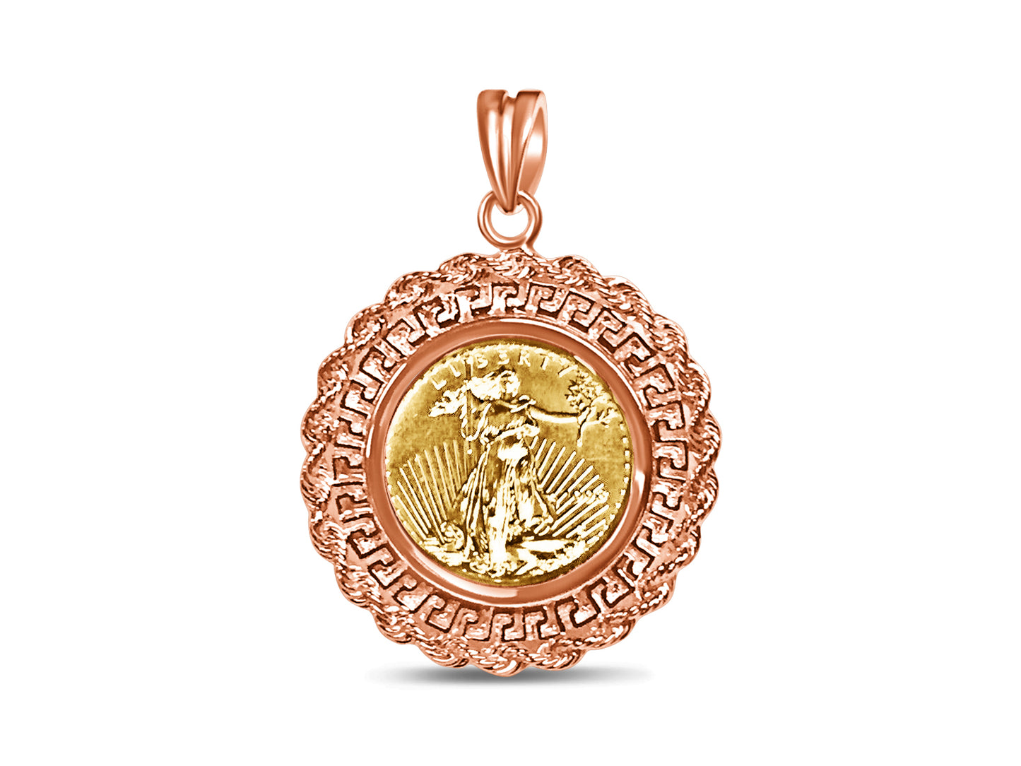 Handmade Solid Gold Greek Key Rope Frame Coin Pendant , 1/4oz Coin , 32.5x45mm