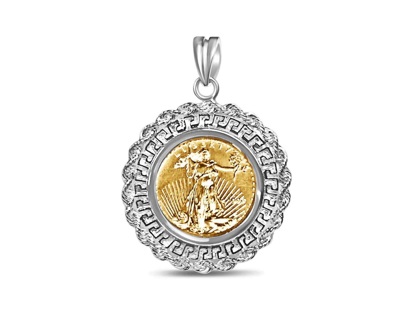 Handmade Solid Gold Greek Key Rope Frame Coin Pendant , 1/4oz Coin , 32.5x45mm
