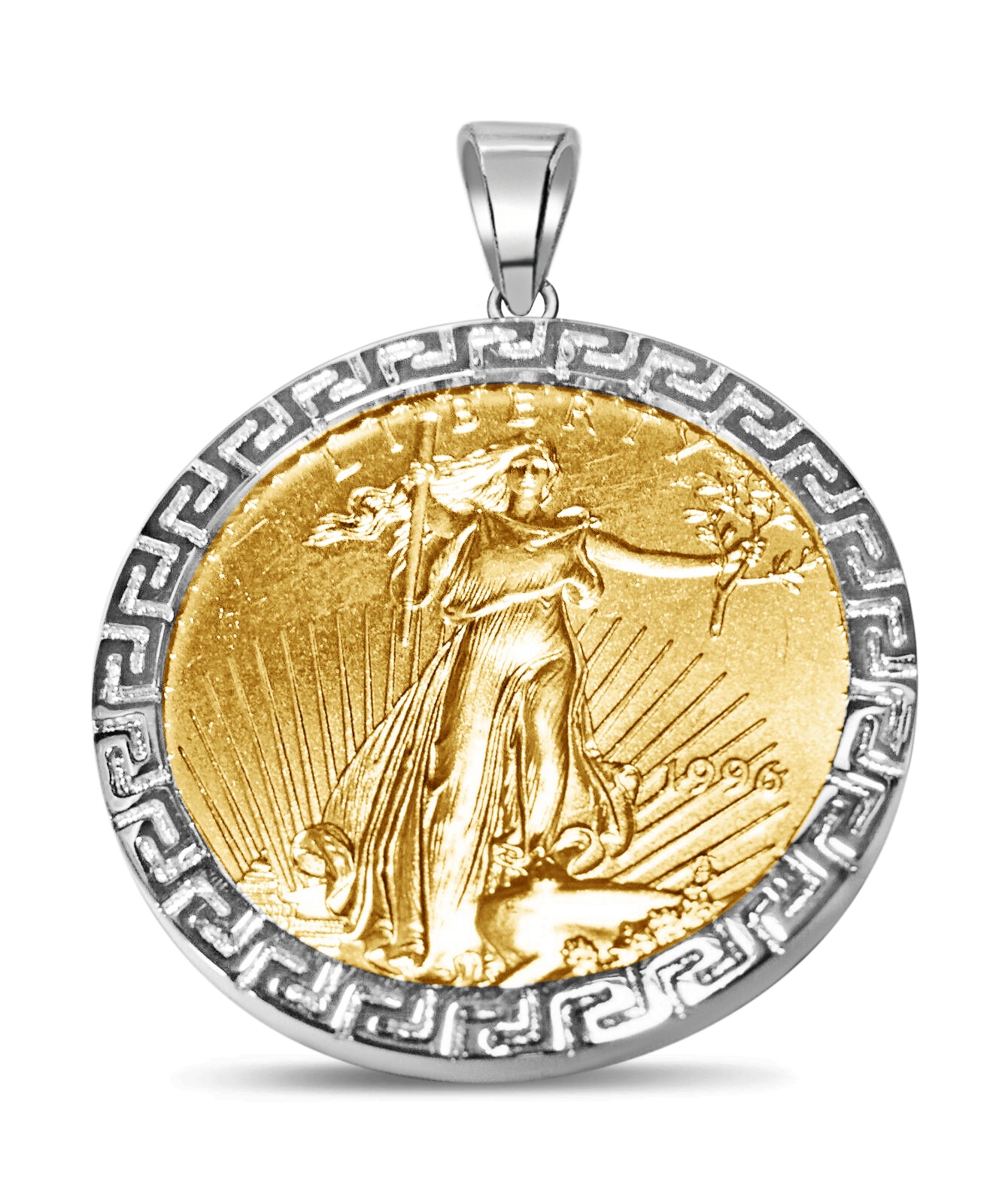 Handmade Solid Gold Greek Key Frame Coin Pendant , 1oz Coin , 32mm