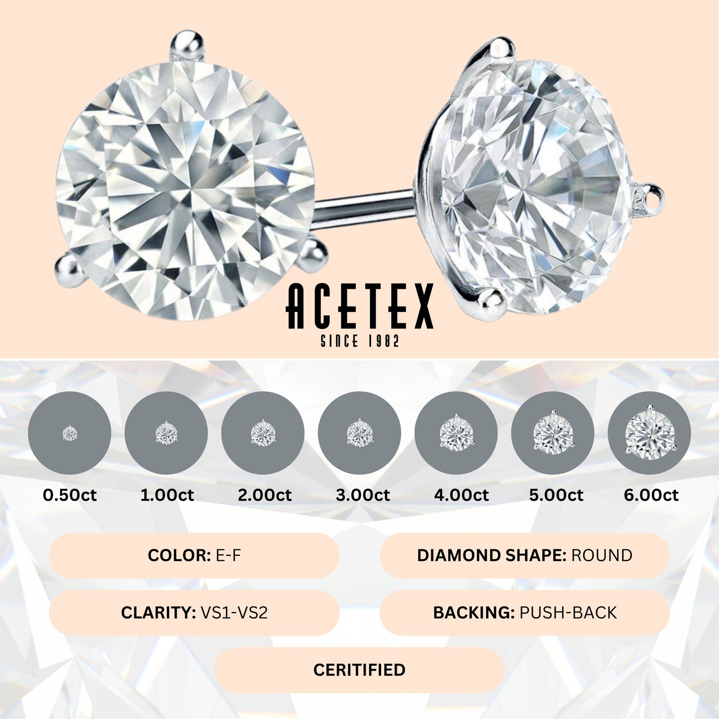 AceTex Round Brilliant Lab-Grown Diamond Earrings, 3-Prong in 14K Gold