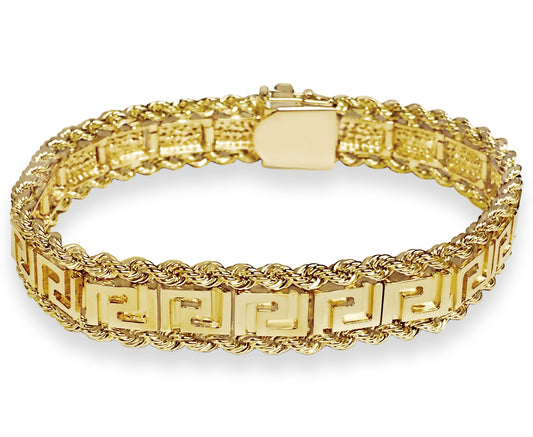 Handmade Solid Gold Rope & Greek Key Bracelet , 12mm
