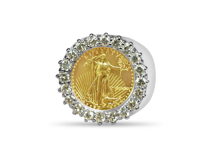 Handmade Solid Gold Diamond Fancy Coin Ring , 1/10oz Coin ,