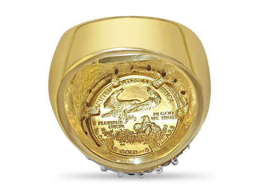 Handmade Solid Gold Diamond Fancy Coin Ring , 1/10oz Coin ,