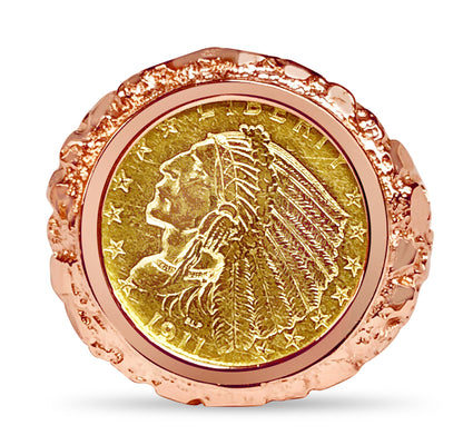 Handmade Solid Gold Nugget Coin Ring , Indian Head Coin ,