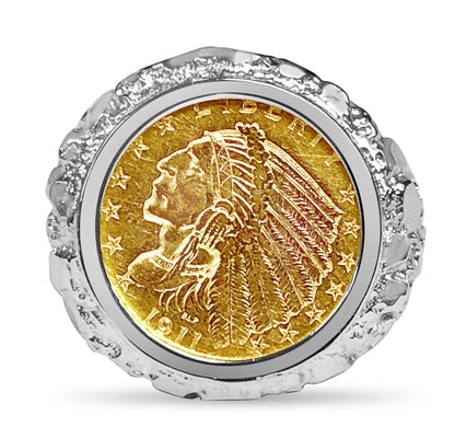 Handmade Solid Gold Nugget Coin Ring , Indian Head Coin ,