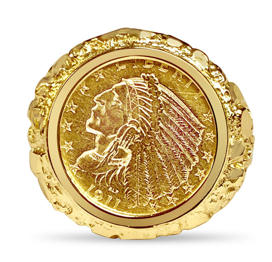 Handmade Solid Gold Nugget Coin Ring , Indian Head Coin ,