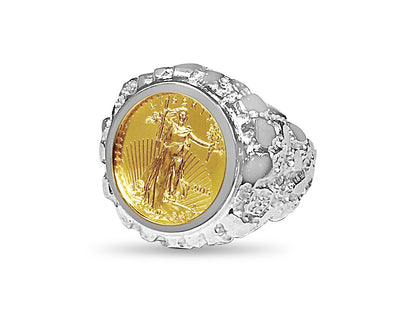 Handmade Solid Gold Nugget Coin Ring , 1/10oz Coin ,